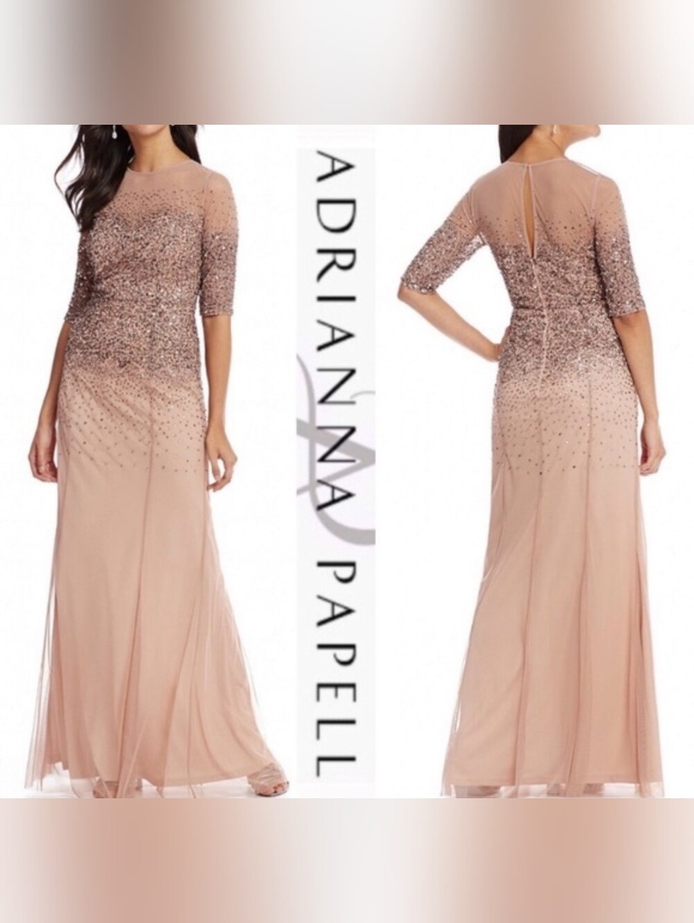 Adrianna Papell Blush Beaded Illusion Evening Gown